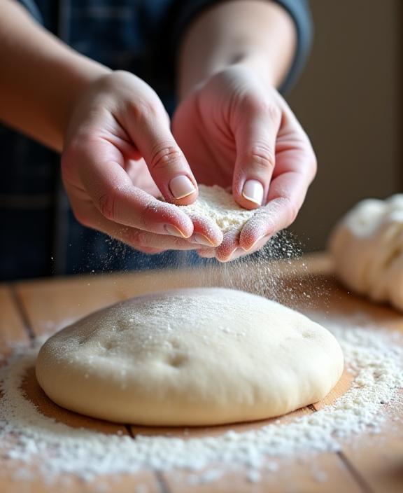 Close-up of a baker's hands dusting flour over fresh dough, capturing the artistry of baking.