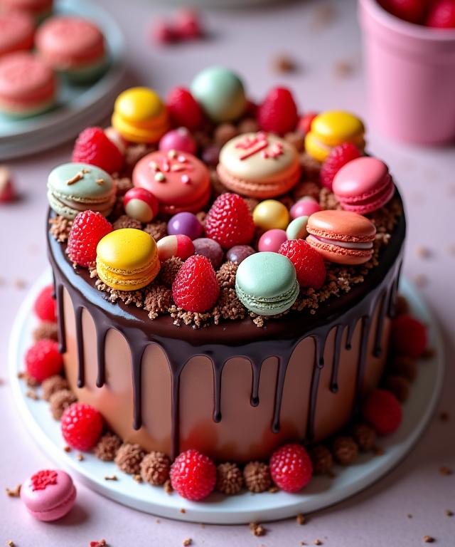 A vibrant chocolate drip cake, generously decorated with colourful macarons, fresh berries, and an array of tempting sweets.