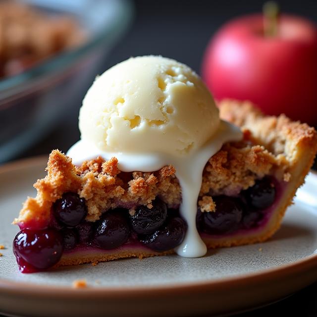 A generous slice of warm Blackberry & Apple Crumble Tart, served with a melting scoop of vanilla ice cream.