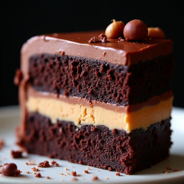 A luxurious, decadent slice of Vegan Chocolate & Hazelnut Gateau, rich and inviting.