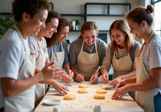 A group of smiling people in aprons, enthusiastically learning during a hands-on baking workshop, dough and flour on the table.